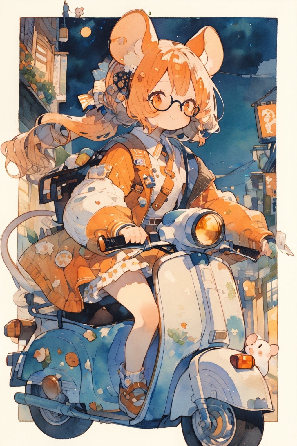 //quality, (masterpiece:1.331), (detailed), ((,best quality,)),//,(1girl),solo,(loli),cute,,//,(mouse_ears:1.3),mouse_tail,(orange_hair:1.3),hairstyle, ((long ponytail)),sidelocks, (orange_eyes), detailed eyes,flat_chest,//,hair_accessories,accessories,(round glasses:1.3),scientist,white lab coat,//, smile,//, riding on a scooter,//outdoor, (night:1.3),aesthetic,watercolor \(medium\)