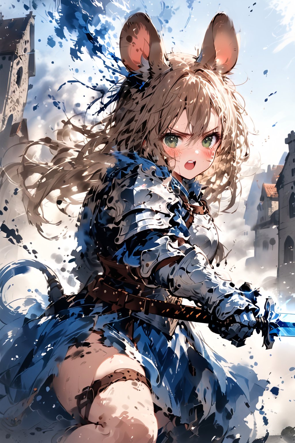 //quality, masterpiece:1.4, detailed:1.4,best quality:1.4,//,1girl,solo,mouse girl,knight,//,brown mouse ears, animal ear fluff, brown mouse tail,brown hair,long hair, messy hair, green eyes,//,white armor, cracked armor, broken armor,leather belt,gauntlets,thigh,//,dirty face, injured,wounded face,sweaty,angry,blush,serious,mouth open,upper teeth, screaming,//,((hands holding sword)),magic sword,light particles,(glowing sword),blue glowing sword,arm up,battle,flying on sky,jumping,leg up,knee up,//,motion blur,blurry background,motion line,motion effect,close-up,upper body,blue sky,smoke surrounding the girl,smoke background, medieval town, simple background,flying debris,ink,smoke,blue ink smoke,ink smoke background,ink paint,multiple views of close up shot and upper body shot,no humans background