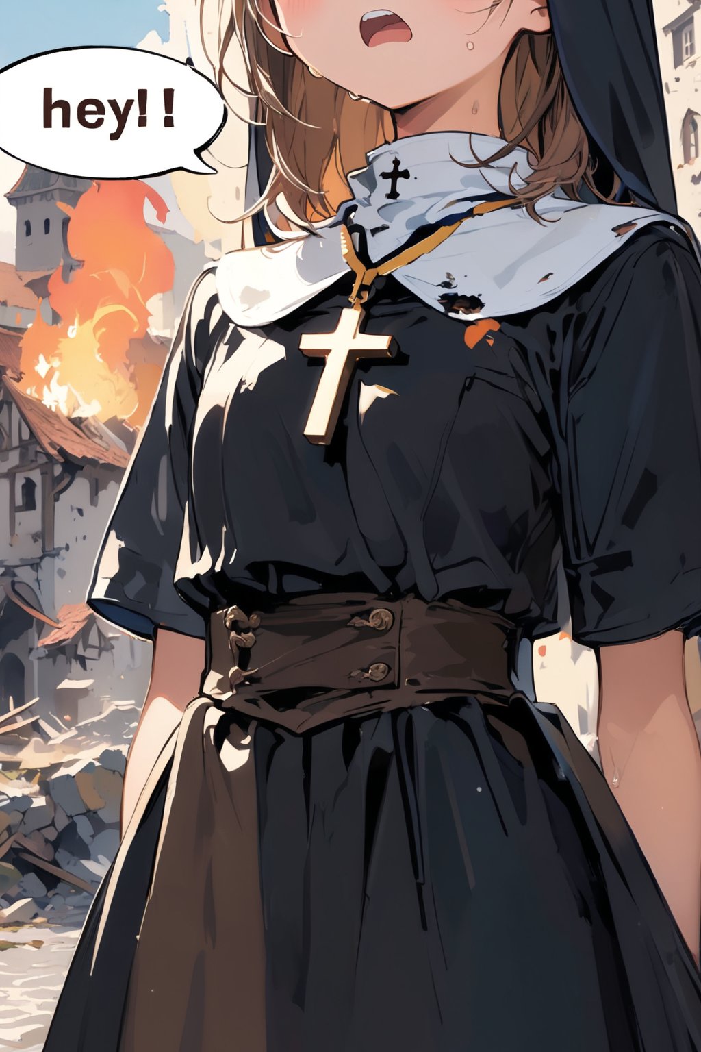 //quality, masterpiece:1.4, detailed:1.4,best quality:1.4,//,1girl,(solo),loli,//,mouse_tail, medium hair, brown hair,flat_chest,//,cross_necklace,(black nun costume),black dress,//,upper_teeth,sweat_drop,scream,mouth open,((((super close-up shot of waist and head_out_of_frame)))),hands on own chest, straight-on,(destruction), medieval town,fire, flame behind,dal-6 style, (((speech bubble with text read as "HEY!",)))