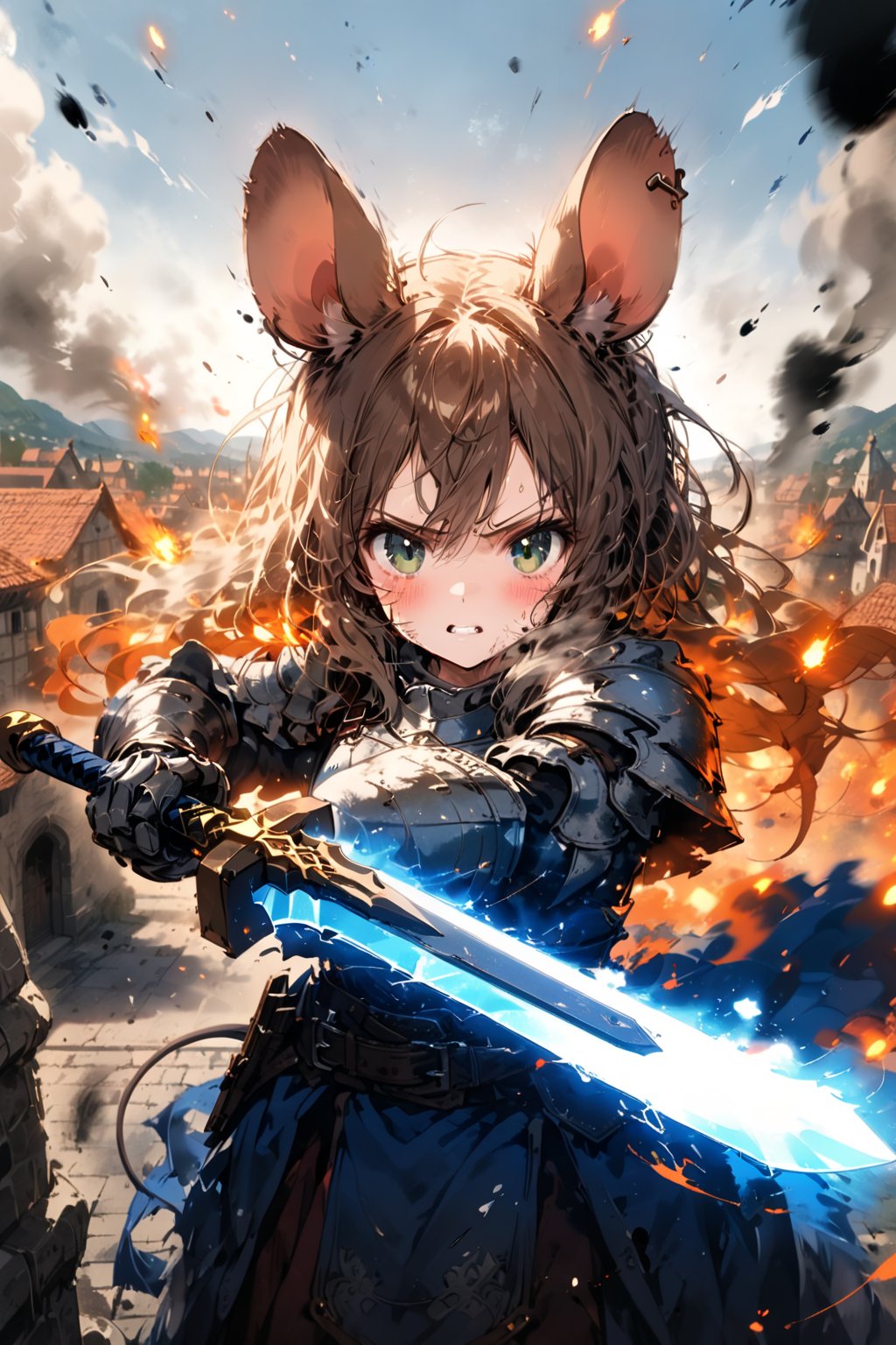 //quality, masterpiece:1.4, detailed:1.4,best quality:1.4,//,1girl,(solo),mouse girl,knight,//,brown mouse ears, rounded mouse ears, animal ear fluff, brown mouse tail,(brown hair),long hair,windy hair, messy hair, (green eyes),//,white armor, cracked armor, broken armor,leather belt,gauntlets,thigh,//, 
dirty,dirt,dirty face, injured,wounded face,sweaty,angry,blush,serious,looking at viewer,mouth open,teeth,//,upper body,((hands holding sword)),magic sword,light particles,(glowing sword),(blue glowing sword), 
dynamic,arm up,running stance, (running on rooftop),//,from above,solo focus, scenery,motion blur,blurry background,motion line,motion effect,close up, straight-on,blue sky, fire,flame behind the girl,((fire and smoke surrounding the girl)),((no humans background)),smoke background, medieval town, simple background,flying debris,blue vfx,full vfx,ink,smoke,blue ink smoke,ink smoke background,ink paint,