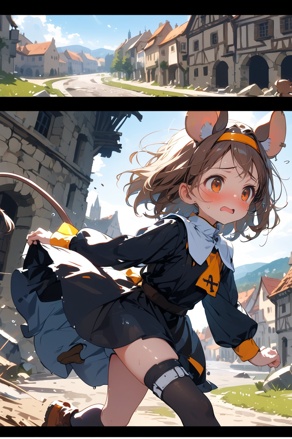 //quality, masterpiece:1.4, detailed:1.4,best quality:1.4,//,1girl,solo,loli,//, brown mouse_ears,mouse_tail,animal ear fluff, medium hair, brown hair, (orange eyes),//,(black nun costume),long sleeves,//,blush, sweat_drop,sweaty,worried, tearing up,(((girl running))),from side,//,shoes focus,((split screen)),destruction,(blurry background),medieval town,dal-6 style, dark background