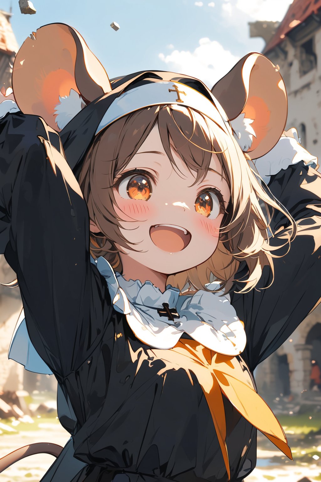 //quality, masterpiece:1.4, detailed:1.4,best quality:1.4,//,1girl,(solo),loli,//, brown mouse_ears,mouse_tail,animal ear fluff, medium hair, brown hair, (orange eyes),//,(black nun costume),long sleeves,//,blush, happy, smiling ,mouth_open, upper_teeth, (close-up portrait),arms_up, arms_raised,//, medieval,destruction, destroyed building, (blurry background),dal-6 style, blue shy