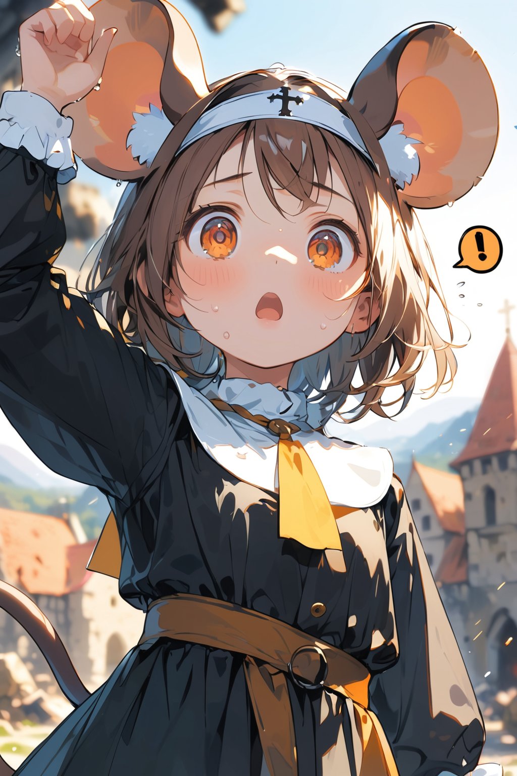 //quality, masterpiece:1.4, detailed:1.4,best quality:1.4,//,1girl,(solo),loli,//, brown mouse_ears,mouse_tail,animal ear fluff, medium hair, brown hair, detailed eyes, orange eyes,//,(black nun costume),long sleeves,//,sweat_drop,sweaty,(wide-eyed),shocked_eyes,(constricted pupils), shocked,:o, (close-up portrait),arm_up, arm_raised, straight-on,(spoken_exclamation_mark),!,//,blue shy, medieval,destruction,(blurry background),