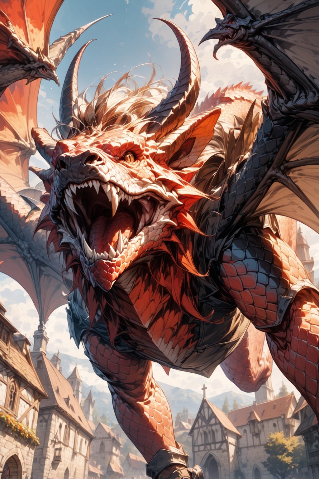 //quality, masterpiece:1.4, detailed:1.4,best quality:1.4,//,evil dragon,realistic dragon,(((red dragon))),(red dragon scales),dragon horns, dragon wings,no humans,closed eyes,fangs,mouth_open,((upside_down)),//,Medieval,(from below),outdoors,church,motion_blur, blurry_background,Medieval town,blue sky,backlighting