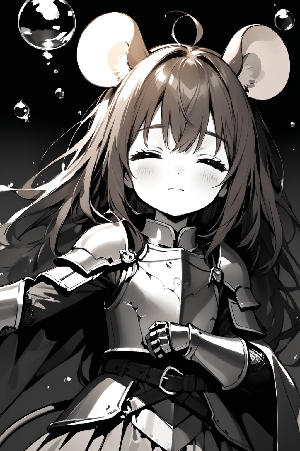 //quality, masterpiece:1.4, detailed:1.4,best quality:1.4,//,1girl,solo,knight,loli,//,mouse ears,mouse tail, long hair, messy hair, brown hair,//,armor, cracked armor, broken armor,armor dress,leather belt,gauntlets,//,(closed eyes),sleep,close up portrait,aerial view,from above, upper body, straight-on, one arm up,(arms_outstretched), lying down,(under water),bubbles,closed mouth,water,(Gray scale),(Monochrome),black background, simple background, dark background,ink,ink paint,