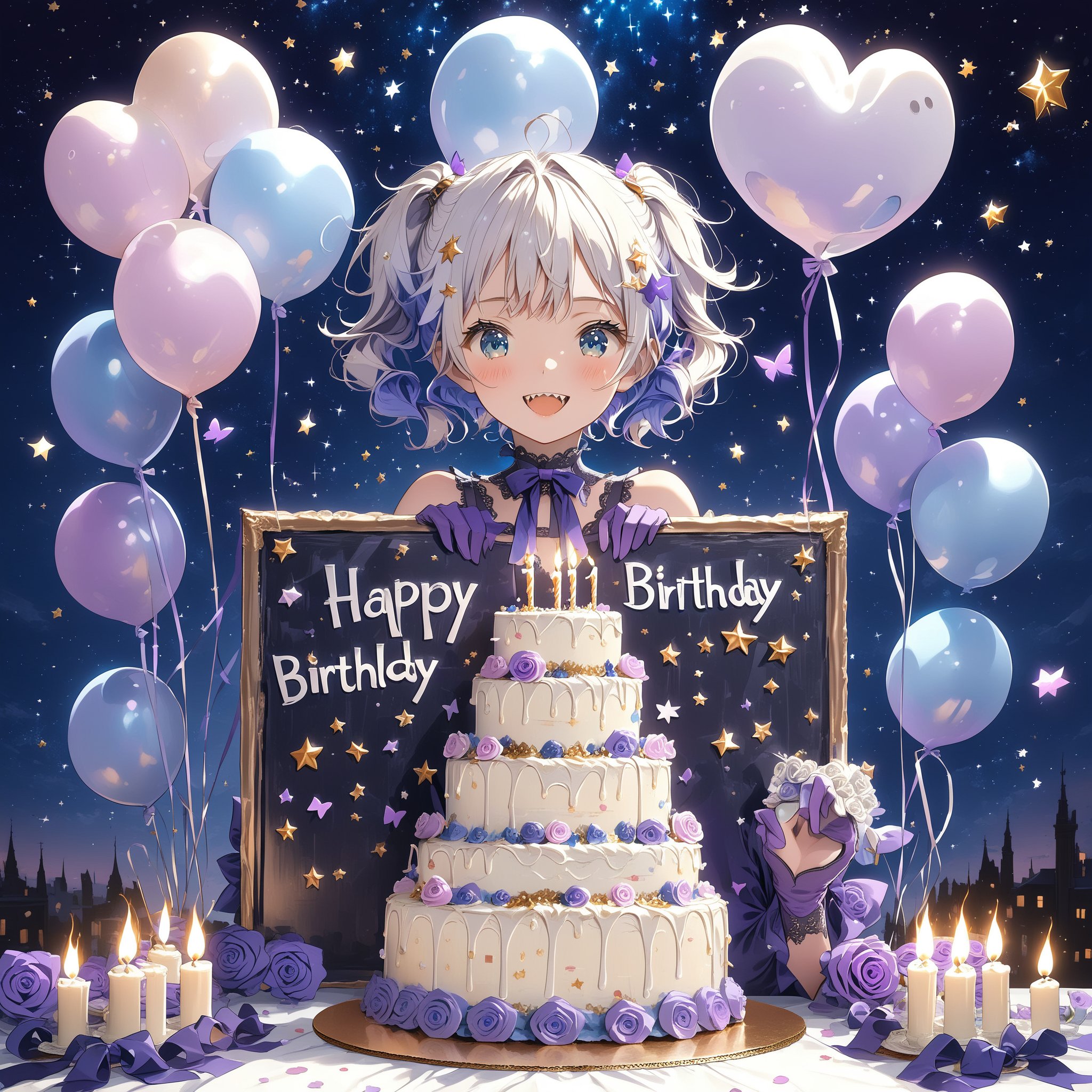 //quality, masterpiece, detailed, ,best quality, //, 1girl, solo, loli,, //, (short twintails: 1.4), (white hair: 1.4), (purple inner hair: 1.2), ahoge, (blue eyes: 1.4), beautiful detailed eyes, glowing eyes, //,ribbons, purple evening gown,purple long gloves, //, smiling, blush, happy face, cute_fangs, looking at viewer, facing viewer, //, cowboy_shot, straight-on, //,table, purple butterflies, purple rose, purple heart balloons, starry, night, scenery,cake, Birthday cake, huge cake,fantasy cake, cake focus, CakeStyle,cake candles with number "1",( cake with signboard text "HAPPY Birthday",),Text