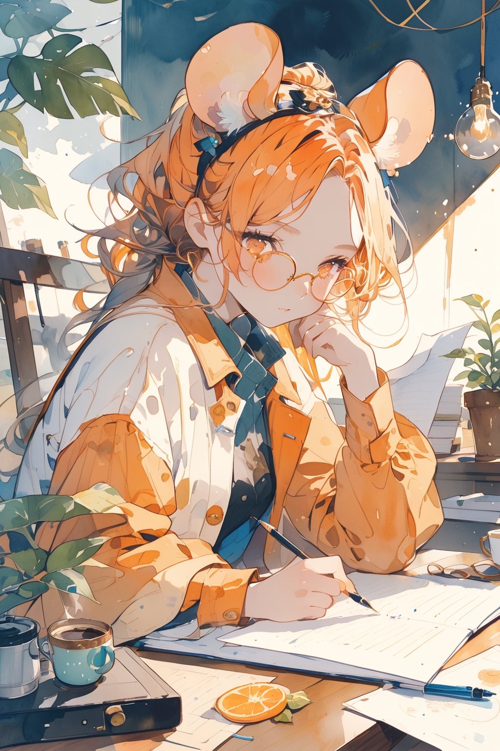 //quality, (masterpiece:1.331), (detailed), ((,best quality,)),//,(1girl),solo,(loli),watercolor_(art),//,(mouse_ears:1.3),(orange_hair:1.3),hairstyle, ((short ponytail)),sidelocks, (light orange eyes), detailed eyes,flat_chest,//,hair_accessories,accessories,(round eyewear:1.2),scientist,white lab coat,//sleepy,//,sitting,writing,(coffee),//indoor, leaf, desk, papers,aesthetic,watercolor \(medium\)