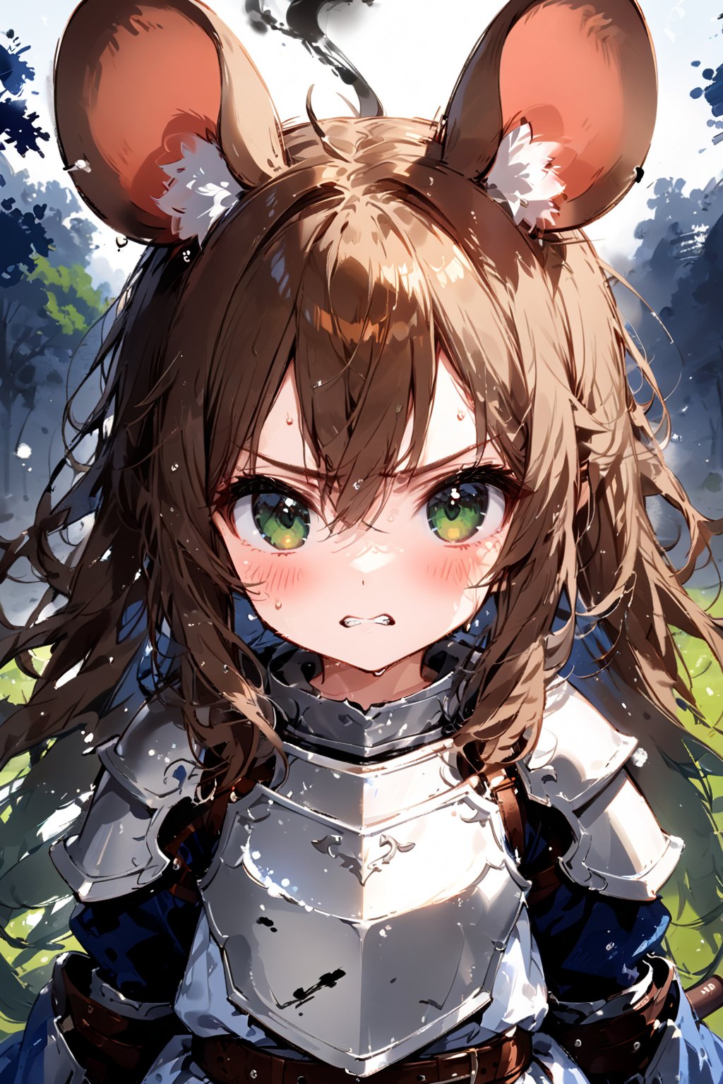 //quality, masterpiece:1.4, detailed:1.4,best quality:1.4,//,1girl,solo,loli,mouse girl,knight,//,brown mouse ears, animal ear fluff, brown mouse tail,(brown hair),long hair, messy hair,beautiful detailed eyes, green eyes,//,(white armor),armor dress,leather belt,gauntlets,thigh,//,cold sweat,blush,serious,angry,clenched teeth,close up portrait,looking at viewer,//,,//,nature,blue ink,ink smoke,ink smoke background