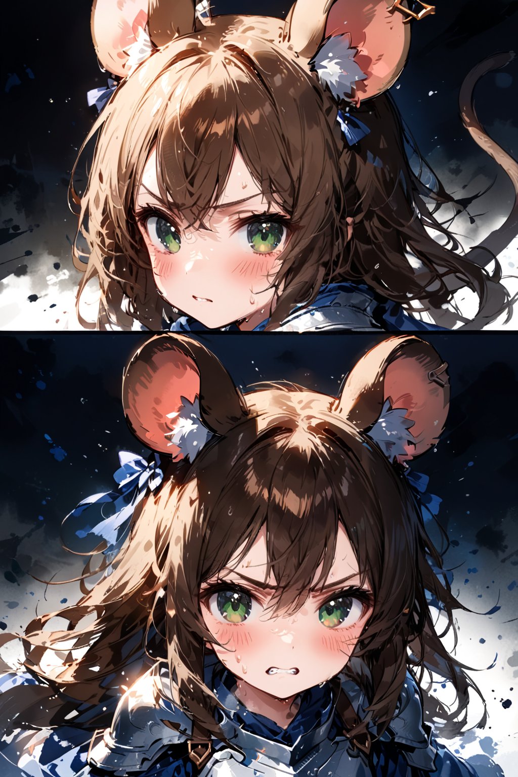 //quality, masterpiece:1.4, detailed:1.4,best quality:1.4,//,1girl,solo,loli,mouse girl,knight,//,brown mouse ears, animal ear fluff, brown mouse tail,(brown hair),long hair, messy hair,beautiful detailed eyes, green eyes,//,(white armor),armor dress,leather belt,gauntlets,thigh,//,cold sweat,blush,serious,angry,clenched teeth,close up portrait,looking at viewer,//,multiple views of running,//,nature,blue ink,ink smoke,ink smoke background