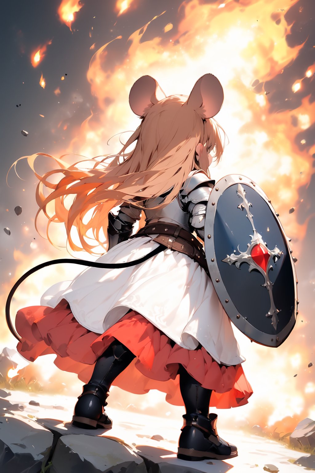 //quality, masterpiece:1.4, detailed:1.4,best quality:1.4,//,1girl,solo,loli,mouse girl,knight,//,brown mouse ears, brown mouse tail,brown hair,(long hair),//,(white armor),leather belt,gauntlets,//((from_behind)),//,(holding shield against the flame, standing,hiding behind shield,red shield,//,windy,dutch_angle,(black background),fire, standing on stone road, flame , Medieval, //,surrounding by fire,flame in front of the girl,explosion in front of the girl,flying debris,FuturEvoLabFlame,ink paint