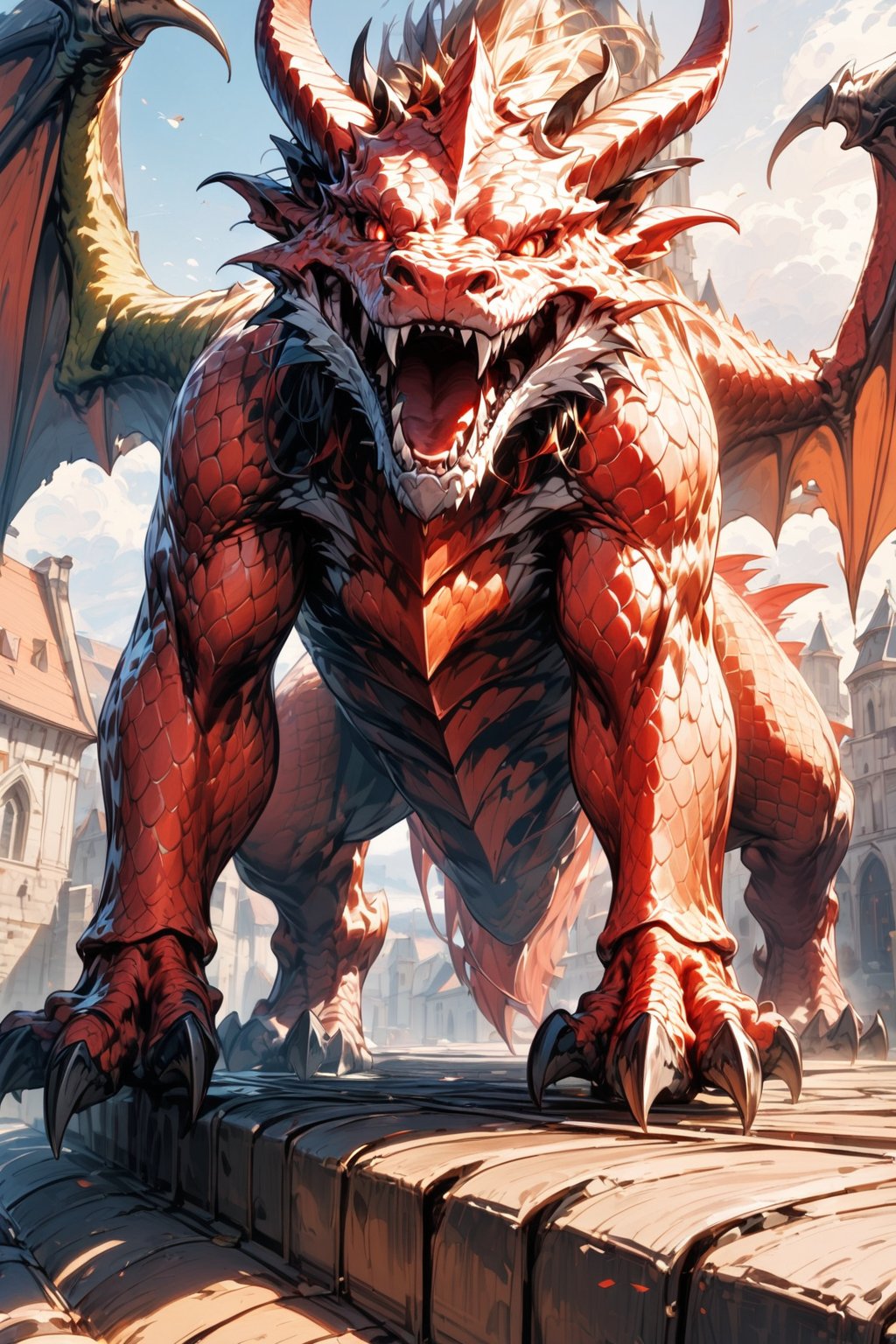 //quality, masterpiece:1.4, detailed:1.4,best quality:1.4,//,evil dragon,realistic dragon,(((red dragon))),(red dragon scales),dragon horns, dragon wings,no humans,red eyes, glowing eyes,looking_at_viewer,(looking_down),fangs,mouth_open,standing on top of rooftop,//,Medieval,(from below),outdoors,church,motion_blur, blurry_background,Medieval town,blue sky,backlighting