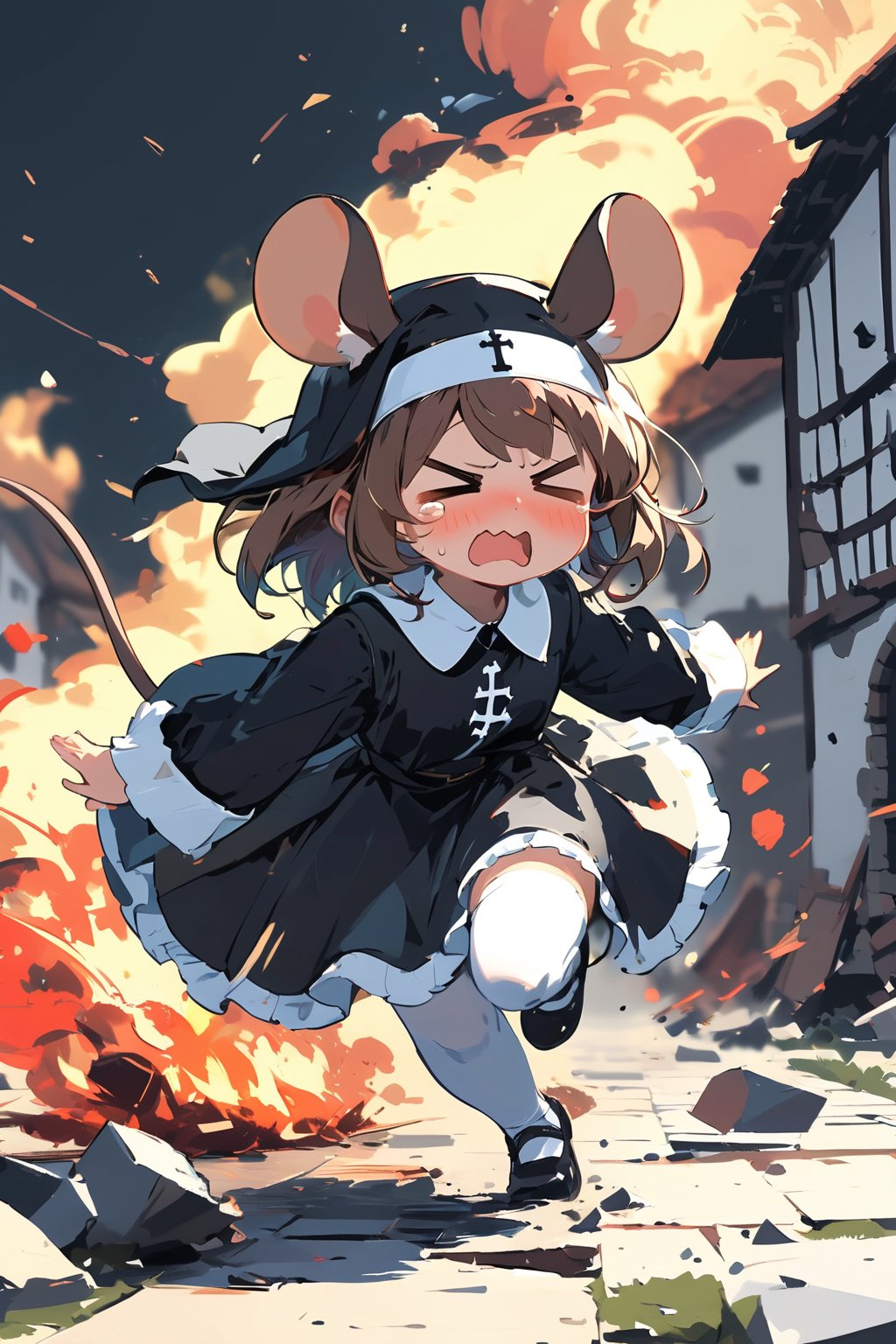 //quality, masterpiece:1.4, detailed:1.4,best quality:1.4,//,1girl,(solo),loli,//, brown mouse_ears,mouse_tail,animal ear fluff, medium hair,bangs, brown hair, closed_eyes,//,(black nun costume),white stockings, shoes,//,> <,>_<,><, blush, scared,fear,sweating,tearing_up,wavy_mouth,//,running,//, Europe medieval, motion_blur, blurry_background, simple background,black background,stone floor,destruction, destroyed buildings, fire, building on fire,BREAK,dal-6 style,no humans background, (straight-on),wide_shot, scenery,BREAK,(scene of girl running away from a red dragon), giant monster background 