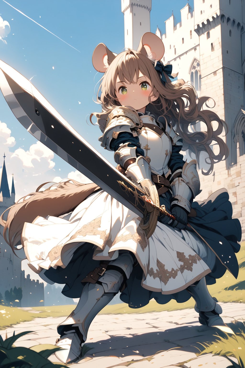 //quality, masterpiece:1.4, detailed:1.4,best quality:1.4,//,1girl,(solo),loli,mouse girl,knight,//,brown mouse ears, animal ear fluff,mouse tail,brown hair,(long hair),wavy hair,bangs,beautiful detailed eyes, light green eyes,glowing eyes,flat chest,//,(white armor),leather belt,armored dress,gauntlets,//,blush,serious,closed mouth,//,(holding sword),//, outdoor, day, blue sky, scenery, castle, Medieval, //,brave perspective, pov sword