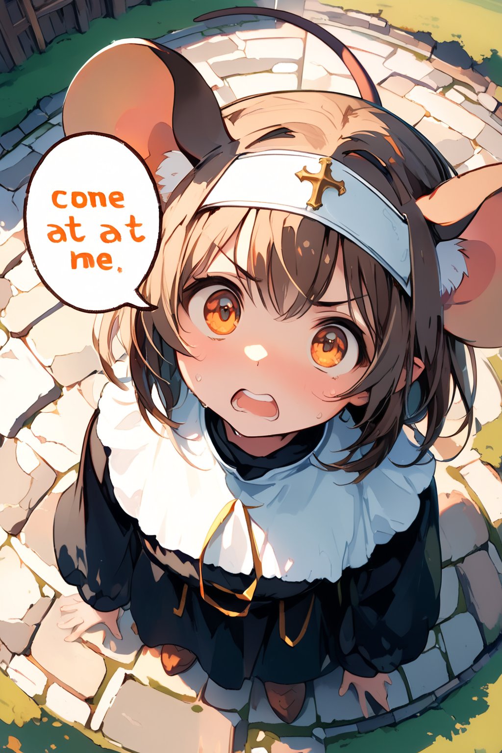 //quality, masterpiece:1.4, detailed:1.4,best quality:1.4,//,1girl,(solo),loli,//, brown mouse_ears,mouse_tail,animal ear fluff, medium hair, brown hair, detailed eyes, orange eyes,//,(black nun costume),//,sweat_drop,sweaty,mouth open,teeth,angry, serious, close-up, (from_above),aerial_view,hand_raised,index_finger_raised,//,medieval,stone floor, fisheye lens,solo focus,no humans background,(((speech bubble with Title text reads as "COME AT ME")))