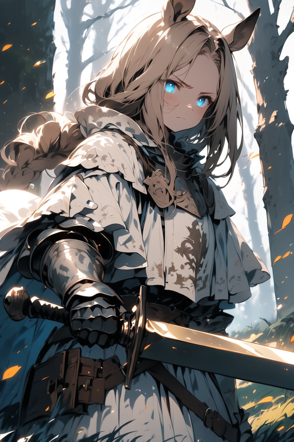 //quality, masterpiece:1.4, detailed:1.4,best quality:1.4,//,1girl,solo,royal knight,//,blonde_hair:1.3, long hair,(single braid),horse_ears,forehead,horse_tail, detailed eyes, blue eyes,(glowing eyes), eyes with light_particles,glow_in_the_dark,//,detailed white armor,white cloak,gauntlets,leather_belt,//,angry, serious,disgusted face, shadow on face,shaded face, closed_mouth,looking_at_viewer,//, holding sword, battle stance, walking, straight-on, cowboy_shot,upper_body,//, forest, motion_blur, blurry_background,Medieval,glowing sword