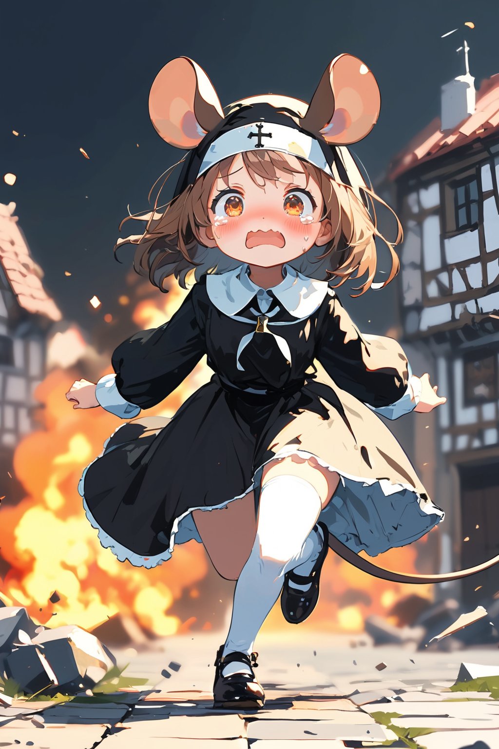 //quality, masterpiece:1.4, detailed:1.4,best quality:1.4,//,1girl,(solo),loli,//, brown mouse_ears,mouse_tail,animal ear fluff, medium hair, brown hair, orange eyes,detailed eyes,//,(black nun costume),white stockings, shoes,//, blush, scared,fear,sweating,tearing_up,wavy_mouth,//,running,//, Europe medieval, motion_blur, blurry_background, simple background,black background,stone floor,destruction, destroyed buildings, fire, building on fire,BREAK,dal-6 style,no humans background, (straight-on)