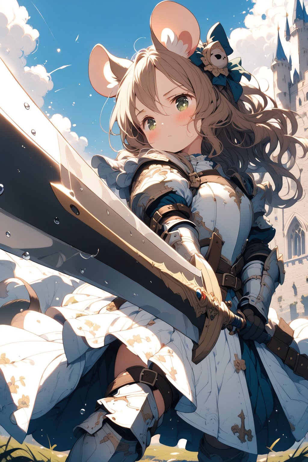 //quality, masterpiece:1.4, detailed:1.4,best quality:1.4,//,1girl,(solo),loli,mouse girl,knight,//,brown mouse ears, animal ear fluff,mouse tail,brown hair,(long hair),wavy hair,bangs,beautiful detailed eyes, light green eyes,glowing eyes,flat chest,//,(white armor),leather belt,armored dress,gauntlets,//,sweaty,blush,serious,closed mouth,//,(holding sword),//, outdoor, day, blue sky, scenery, castle, Medieval, //,brave perspective, 