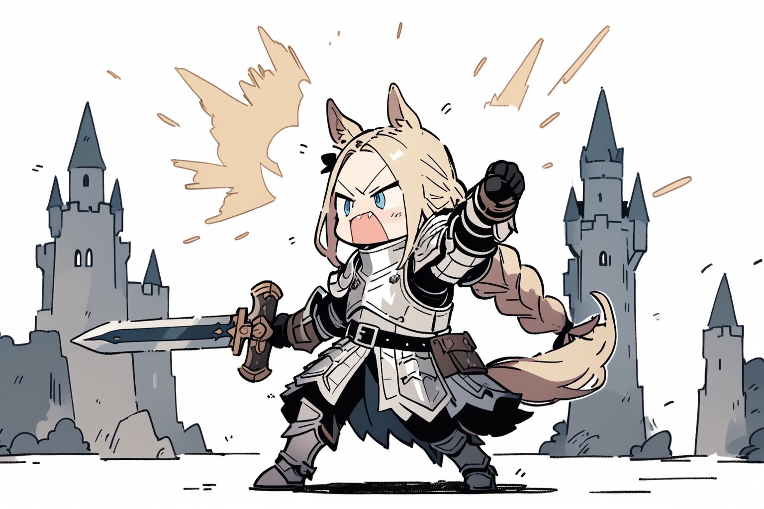 //quality, masterpiece:1.4, detailed:1.4, ,best quality:1.4,//,1girl,(doodle style),knight,//,blonde_hair:1.3, long hair,(single braid),horse_ears,forehead,horse_tail, blue eyes,//,detailed white armor,white cloak,gauntlets,leather_belt,//,angry, mouth_open,//,holding sword, battle stance,raised arms, running, accent lines,//, simple_background,white background, medieval, forest,doodleredm,cute knight,