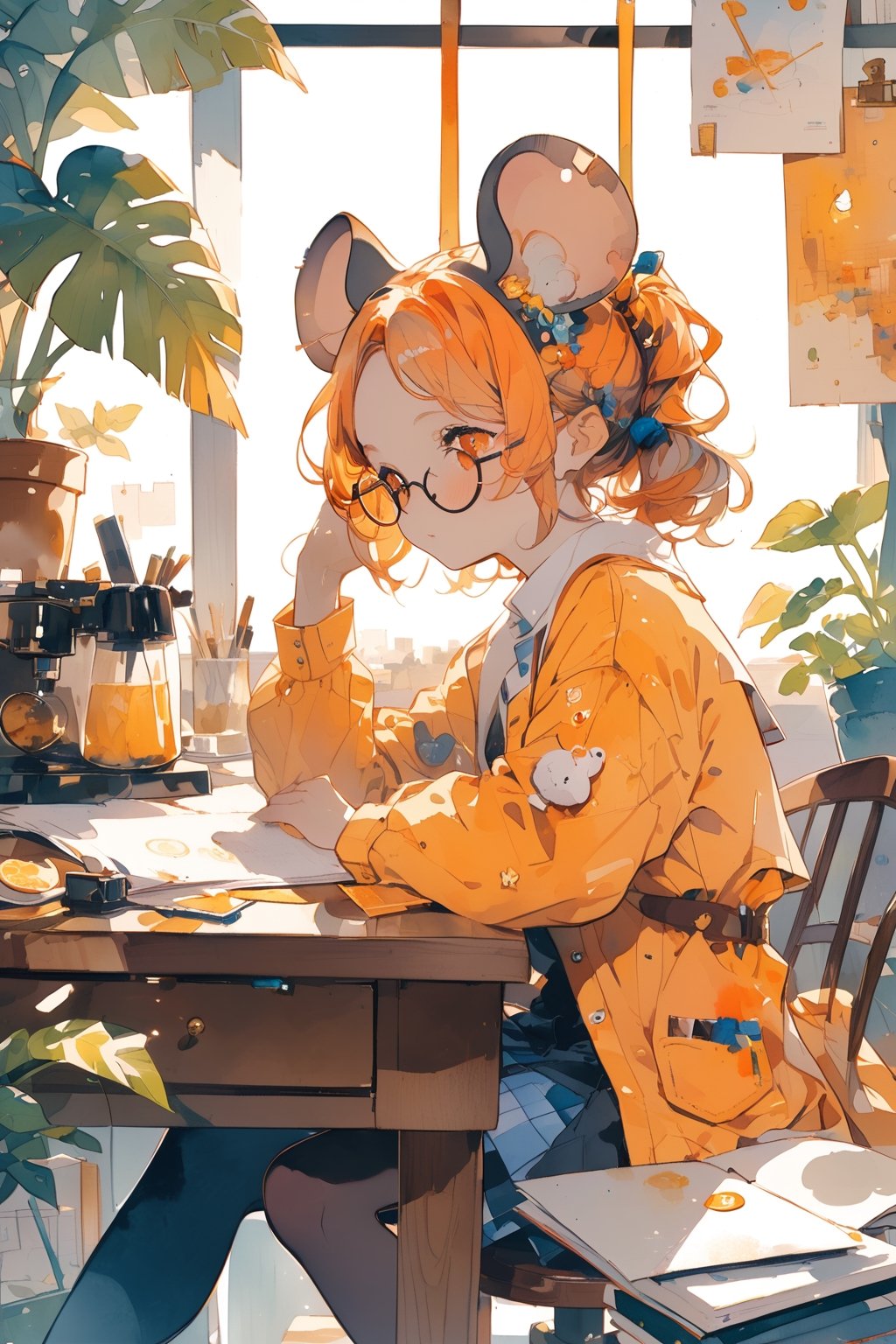 //quality, (masterpiece:1.331), (detailed), ((,best quality,)),//,(1girl),solo,(loli),watercolor_(art),//,(mouse_ears:1.3),mouse_tail,(orange_hair:1.3),hairstyle, ((short ponytail)),sidelocks, (light orange eyes), detailed eyes,flat_chest,//,hair_accessories,accessories,(round eyewear:1.2),scientist,white lab coat,//sleepy,//,sitting,drinking,(coffee),//indoor, leaf, desk, papers,aesthetic,watercolor \(medium\)