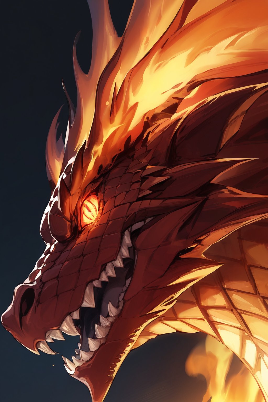 //quality, masterpiece:1.4, detailed:1.4,best quality:1.4,//,evil dragon,(red dragon),dragon horns,no humans,red eyes, glowing eyes,looking_at_viewer,(looking_down),fangs,mouth_open,drooling,super close-up shot to dragon head,//,from_side,surrounding by fire,flame, building on fire ,(black background),(from below),DRG, focus on dragon head, backlighting 