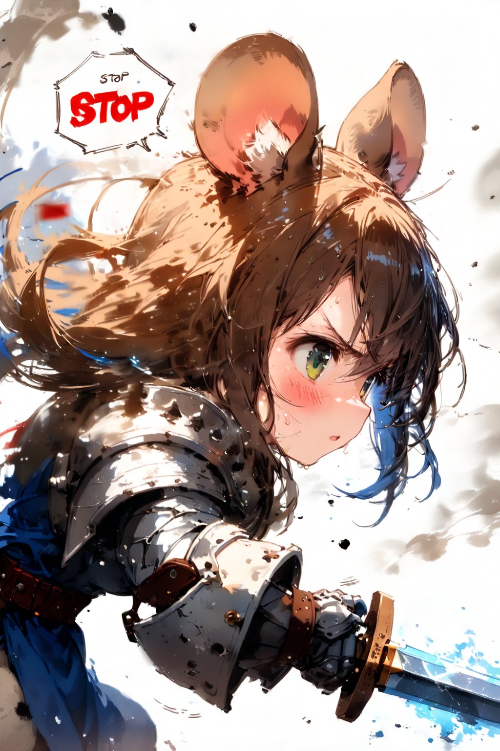 //quality, masterpiece:1.4, detailed:1.4,best quality:1.4,//,1girl,(solo),mouse girl,knight,loli,//,brown mouse ears, animal ear fluff, brown mouse tail,(brown hair),long hair, messy hair, (green eyes),//,white armor, cracked armor, broken armor,leather belt,gauntlets,thigh,//, dirty,dirt,dirty face, injured,wounded face,sweaty,angry,blush,serious,looking away,mouth open,//,((hands holding sword)),magic sword,light particles,(glowing sword),blue glowing sword,arm up,battle,running stance,//,motion blur,blurry background,motion line,motion effect,close up portrait,profile,(from side),leaning forward,blue sky,smoke surrounding the girl,((no humans background)),smoke background, medieval, simple background,flying debris,blue vfx,full vfx,ink,smoke,blue ink smoke,ink smoke background,ink paint,(((spoken buddle with text read as "STOP!",))), 