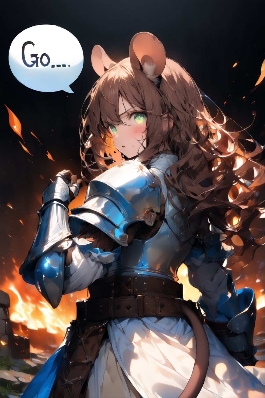 //quality, masterpiece:1.4, detailed:1.4,best quality:1.4,//,1girl,solo,mouse girl,knight,//,brown mouse ears, brown mouse tail,brown hair,(long hair),wavy hair,bangs,beautiful detailed eyes, light green eyes,glowing eyes,//,(white armor),leather belt,gauntlets,//, sweaty,blush,serious,mouth_open,looking_at_viewer,(from behind),//,(looking back),close_up portrait,//,windy,(black background),fire, stone road, flame , Medieval, //,ink paint,wind effect,fisheye,(((speech_bubble with Text read as "GO NOW!"))))