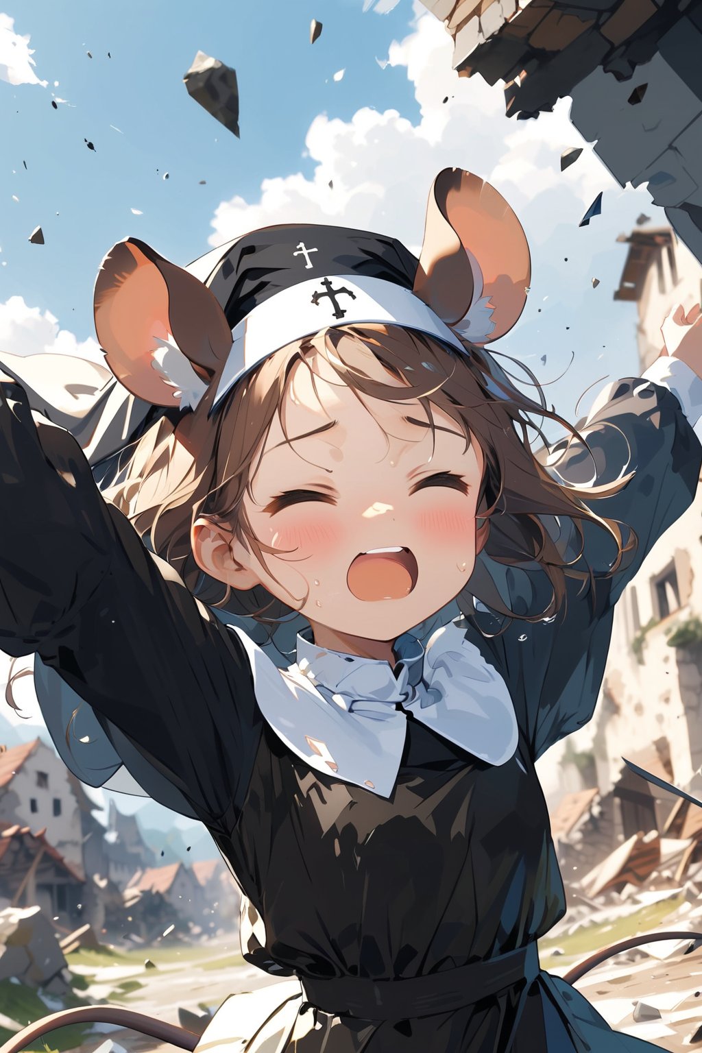 //quality, masterpiece:1.4, detailed:1.4,best quality:1.4,//,1girl,(solo),loli,//, brown mouse_ears,mouse_tail,animal ear fluff, medium hair, brown hair, (closed eye),//,(black nun costume),elbow,//, sweaty,XD face,><,>_<,scared,mouth_open, upper_teeth, (close-up portrait), falling,arms_up, presenting hands,hand covering eyes,//, Europe medieval,destruction, destroyed building, (blurry background),dal-6 style, (flying debris), wind effect, dust effect,shards,glass,brocken glass,