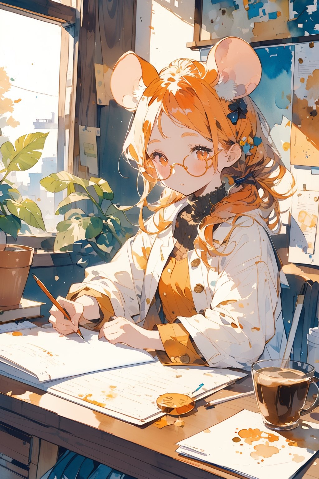 //quality, (masterpiece:1.331), (detailed), ((,best quality,)),//,(1girl),solo,(loli),watercolor_(art),//,(mouse_ears:1.3),(orange_hair:1.3),hairstyle, ((short ponytail)),sidelocks, (light orange eyes), detailed eyes,flat_chest,//,hair_accessories,accessories,(round eyewear:1.2),scientist,white lab coat,//sleepy,//,sitting,writing,(coffee),//indoor,window,school scenery, leaf, desk, papers,aesthetic,watercolor \(medium\)