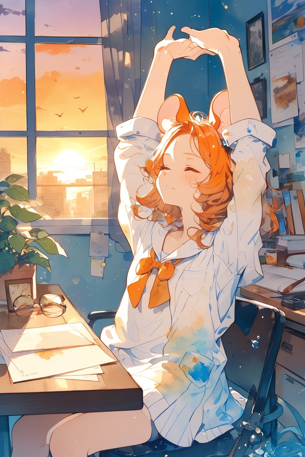 //quality, (masterpiece:1.331), (detailed), ((,best quality,)),//,(1girl),solo,(loli),cute,,//,(mouse_ears:1.3),mouse_tail,(orange_hair:1.3),hairstyle, medium hair, ((,messy_hair,)),sidelocks,flat_chest,//,hair_accessories,accessories,(round eyewear:1.2),scientist,white lab coat,//,(eye_closed :1.3),//,sitting,(((cammystretch, stretching,arms up))),//,window,(sunset:1.3),indoor, leaf, desk, papers,aesthetic,watercolor \(medium\),cammystretch