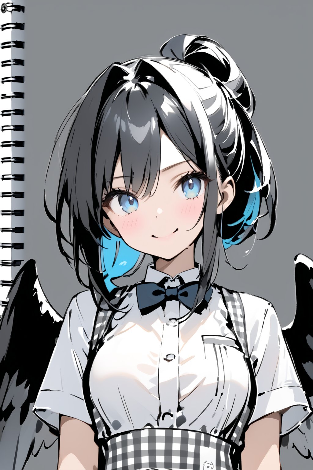 //quality, masterpiece:1.4, detailed:1.4, ,best quality:1.4,//,1girl,solo, waitress,//,black_hair,hair intakes,short hair with long locks,blue inner hair, detailed eyes, glowing eyes, darkblue eyes,(large chest),(black wings),big wings,feather_wings, detailed wings,//, bow, bowtie, white shirt, short sleeves, apron, gingham apron, employee uniform, high-waist skirt,white gloves,//,blush, smile,looking_at_viewer,head_tilt,wince,winking,;),//,hands_raised,adjusting_hair,close-up portrait,//,paper drawing on Sketch book,(Sketch),rough stretch,(Gray scale),(Monochrome),Pencil sketch,flat style,kobeya uniform