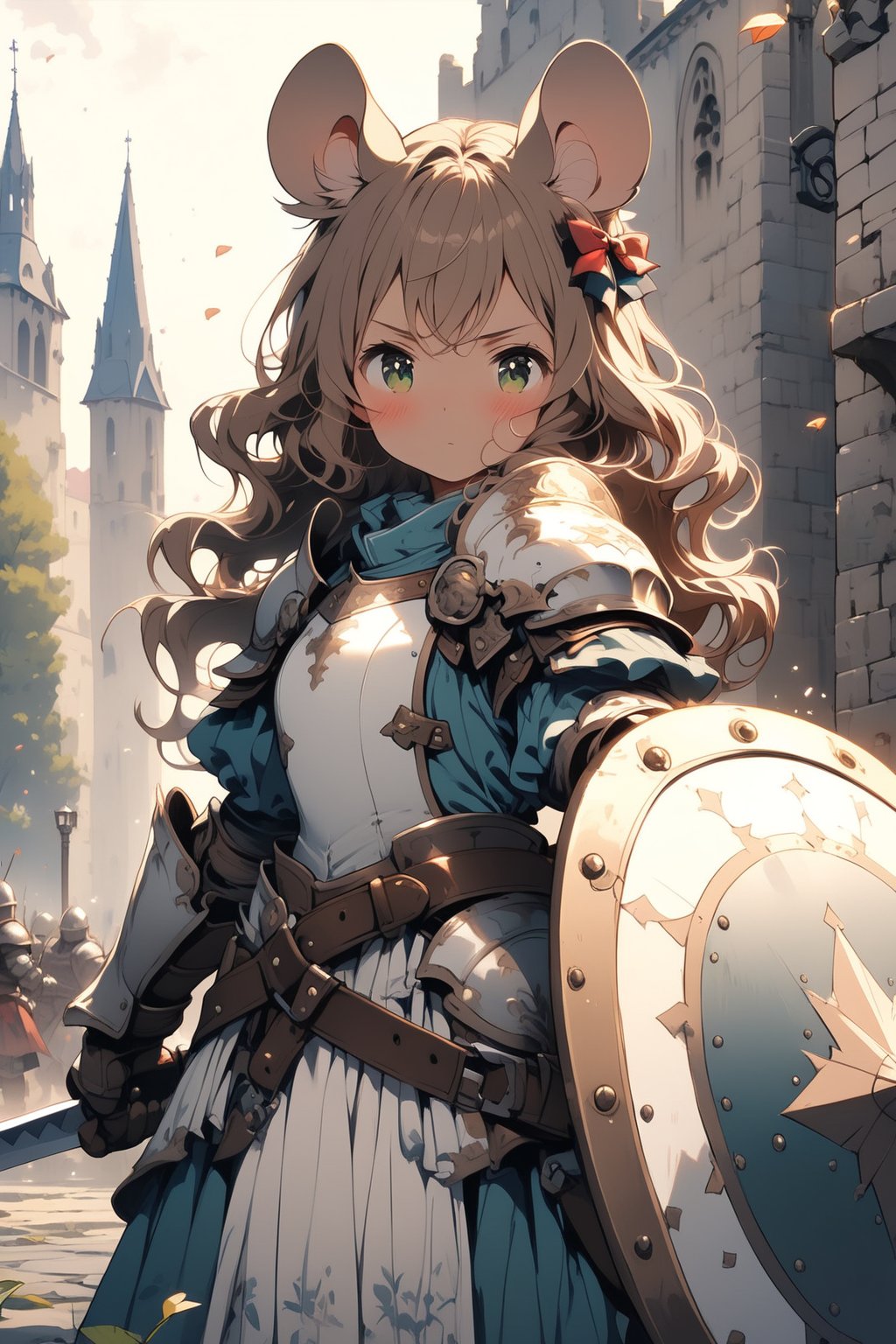 //quality, masterpiece:1.4, detailed:1.4,best quality:1.4,//,1girl,solo,loli,mouse girl,knight,//,brown mouse ears, animal ear fluff,mouse tail,brown hair,(long hair),wavy hair,bangs,beautiful detailed eyes, light green eyes,glowing eyes,flat chest,//,(white armor),leather belt,armored dress,gauntlets,//,sweaty,blush,serious,closed mouth,//,holding shield,(holding sword),battle stance, cowboy_shot,//, outdoor, scenery, standing on the city wall, town, Medieval, nature light,//