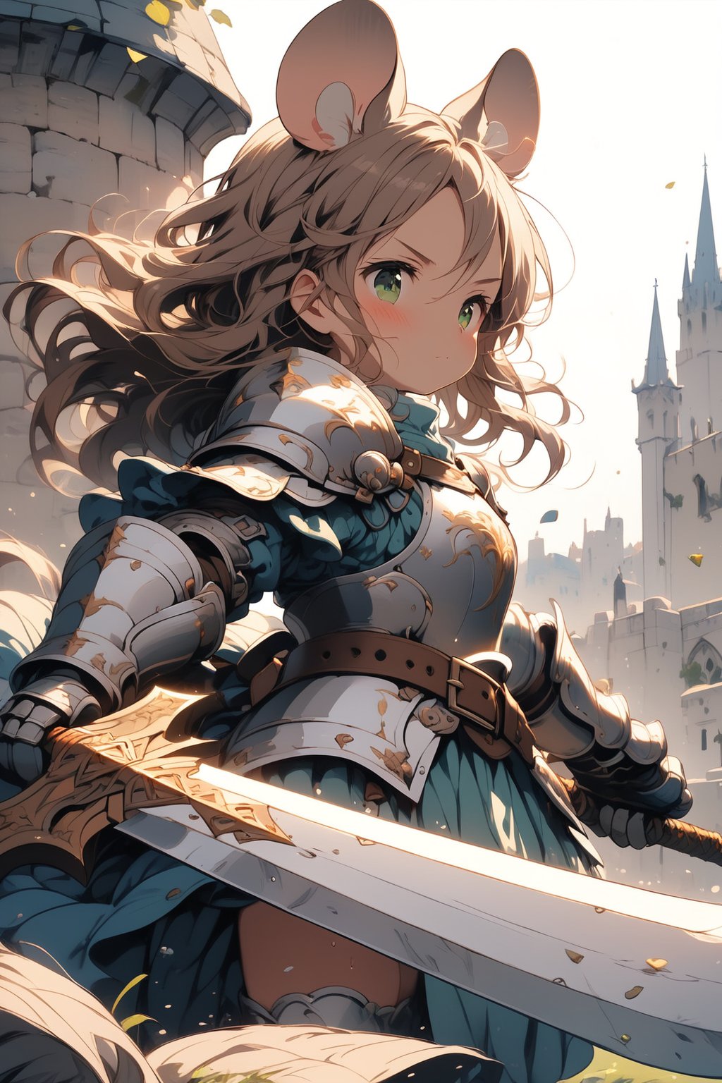 //quality, masterpiece:1.4, detailed:1.4,best quality:1.4,//,1girl,solo,loli,mouse girl,knight,//,brown mouse ears, animal ear fluff,mouse tail,brown hair,(long hair),wavy hair,bangs,beautiful detailed eyes, light green eyes,glowing eyes,flat chest,//,(white armor),leather belt,armored dress,gauntlets,//,sweaty,blush,serious,closed mouth,//,holding shield,(holding sword),battle stance,//, outdoor, scenery, standing on the city wall, town, Medieval, nature light,//