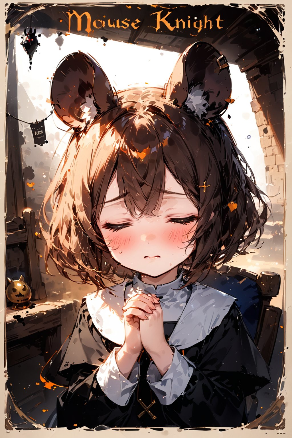 //quality, masterpiece:1.4, detailed:1.4,best quality:1.4,//,1girl ,solo, solo focus, loli,//,light brown rat_ears, rat_tail,animal ear fluff, (short hair), brown hair,//,black nun costume,long sleeves,//,blush,worried,(closed_eyes),//,(close-up portrait),((praying)),ink,ink paint,no humans background,indoor,medieval bedroom,sitting chair in front of bed,,Movie Poster,(((,title text "MOUSE KNIGHT"))