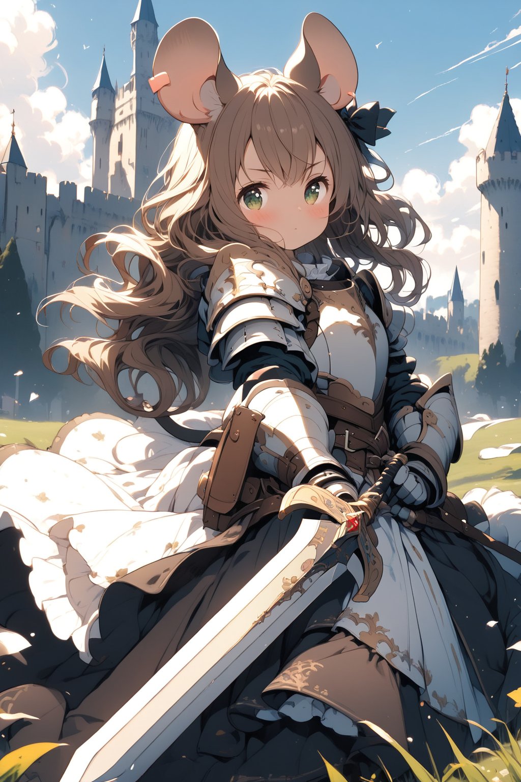 //quality, masterpiece:1.4, detailed:1.4,best quality:1.4,//,1girl,(solo),loli,mouse girl,knight,//,brown mouse ears, animal ear fluff,mouse tail,brown hair,(long hair),wavy hair,bangs,beautiful detailed eyes, light green eyes,glowing eyes,flat chest,//,(white armor),leather belt,armored dress,gauntlets,//,blush,serious,closed mouth,//,(holding sword),//, outdoor, day, blue sky, scenery, castle, Medieval, //,brave perspective, 