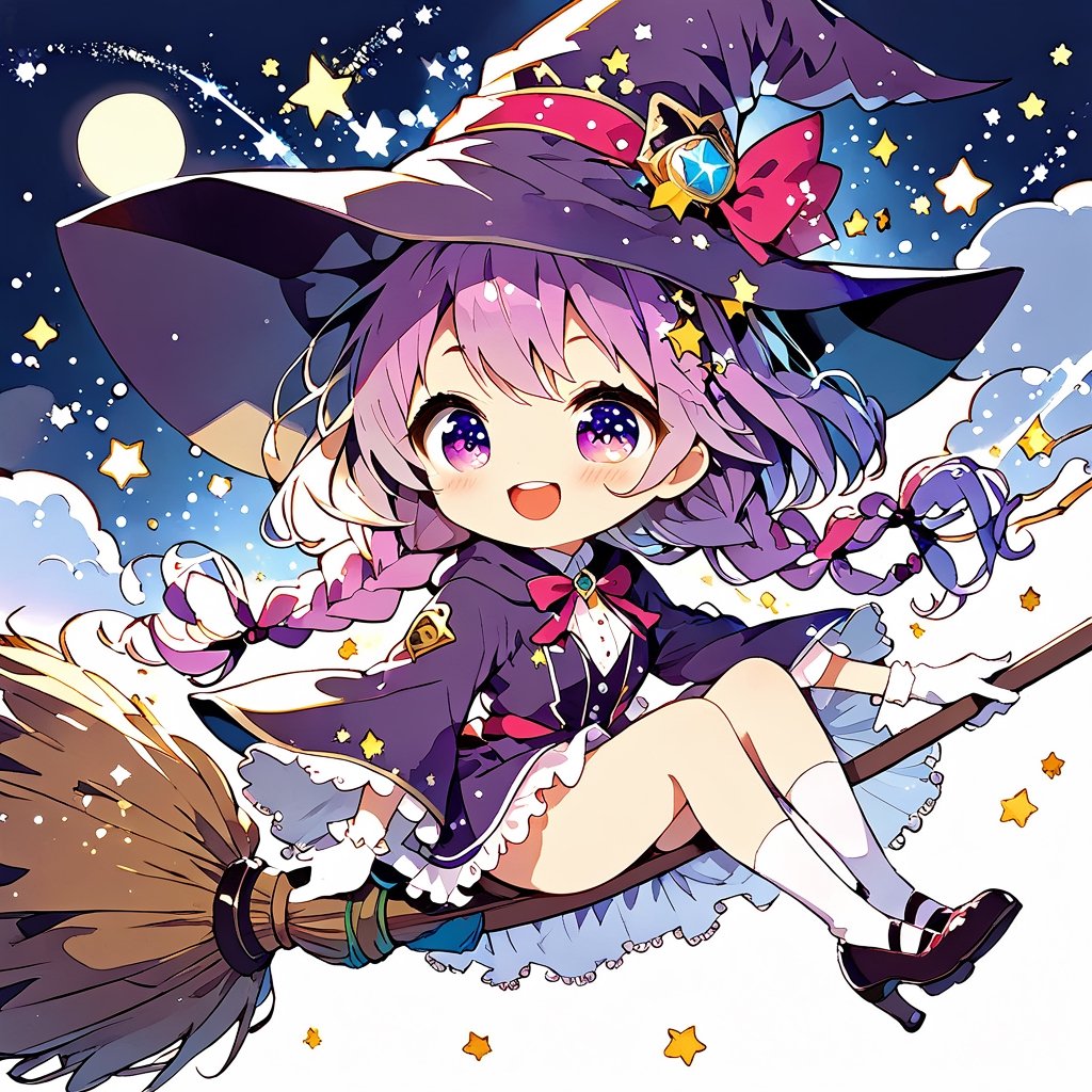 //quality, (masterpiece:1.3), (detailed), ((,best quality,)),//,illustration,//,(1girl),solo,(chibi:1.4),loli,(wizard:1.3),//,(purple hair:1.3),(twin braids:1.3),detailed eyes, purple eyes,(,glowing_eyes,sparkling_eyes:1.3),//,wizard costume,ribbons,brooch,white gloves,stockings,//,blush,smile,mouth_open,teeth,//(,astride on magic broom:1.4),//,(night:1.3),moonlight,stars,star_(symbol),firefly,magic_broom,(stickers:1.3),sticker,outline