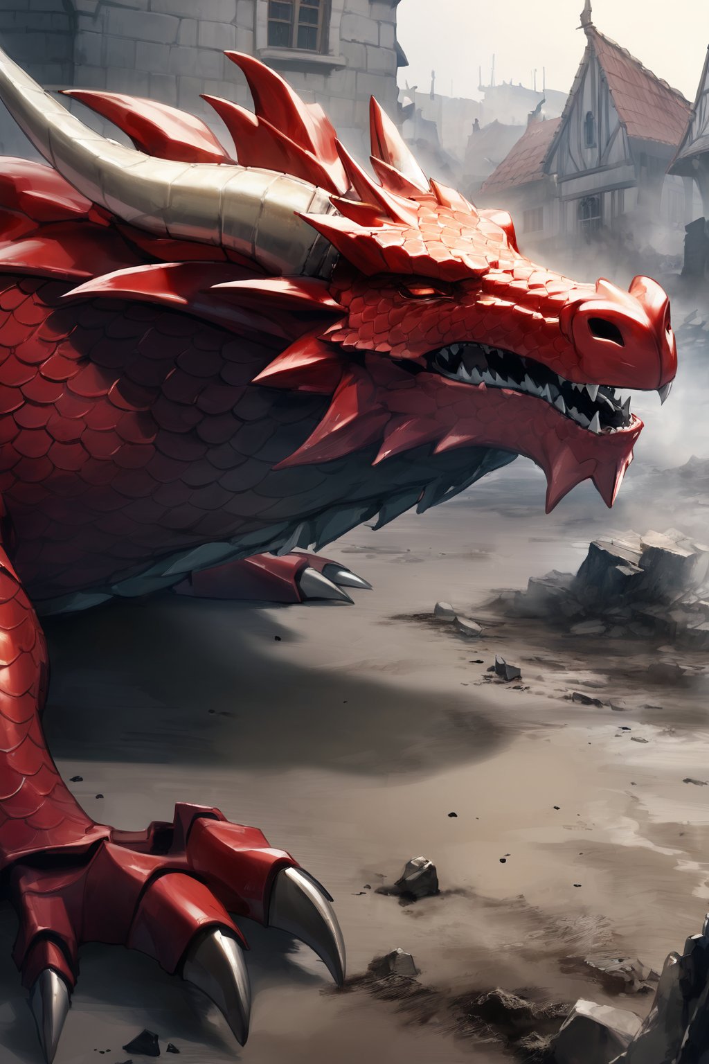 //quality, masterpiece:1.4, detailed:1.4,best quality:1.4,//,evil dragon,realistic dragon,(((red dragon))),red skin,(red dragon scales),all fours,dragon horns,no humans,(closed eyes),mouth_closed,lying down on ground, from above,dust,dust effect,dirt,dust raised in air,smoke,//,simple background,destruction,destroyed buildings,fire,medieval town,DRG,red smoke,ink smoke,ink smoke background,((close-up shot to dragon head)),focus on dragon head