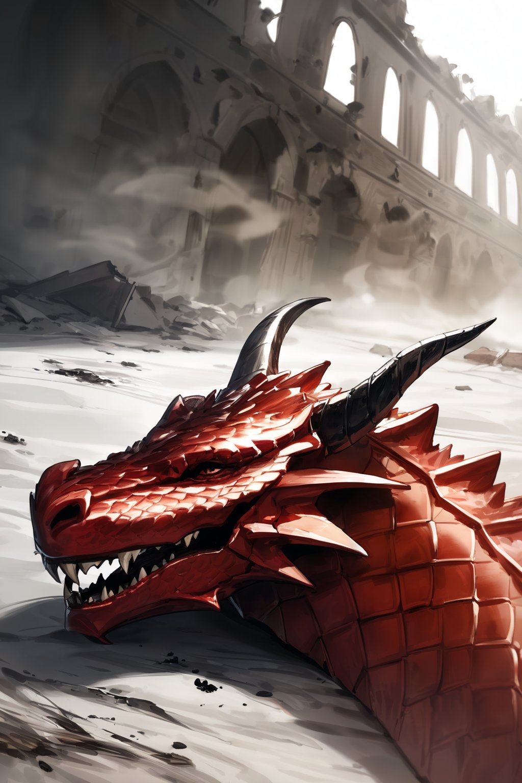 //quality, masterpiece:1.4, detailed:1.4,best quality:1.4,//,Europe dragon,evil dragon,realistic dragon,(((red dragon))),dargon tail,red skin,(red dragon scales),all fours,dragon horns,no humans,(closed eyes),fangs,mouth_closed,lying down on ground, from above,dust,dust effect,dirt,dust raised in air,smoke,//,simple background,destruction,destroyed buildings,fire,medieval town,DRG,red smoke,ink smoke,ink smoke background,((close-up shot to dragon head)),focus on dragon head