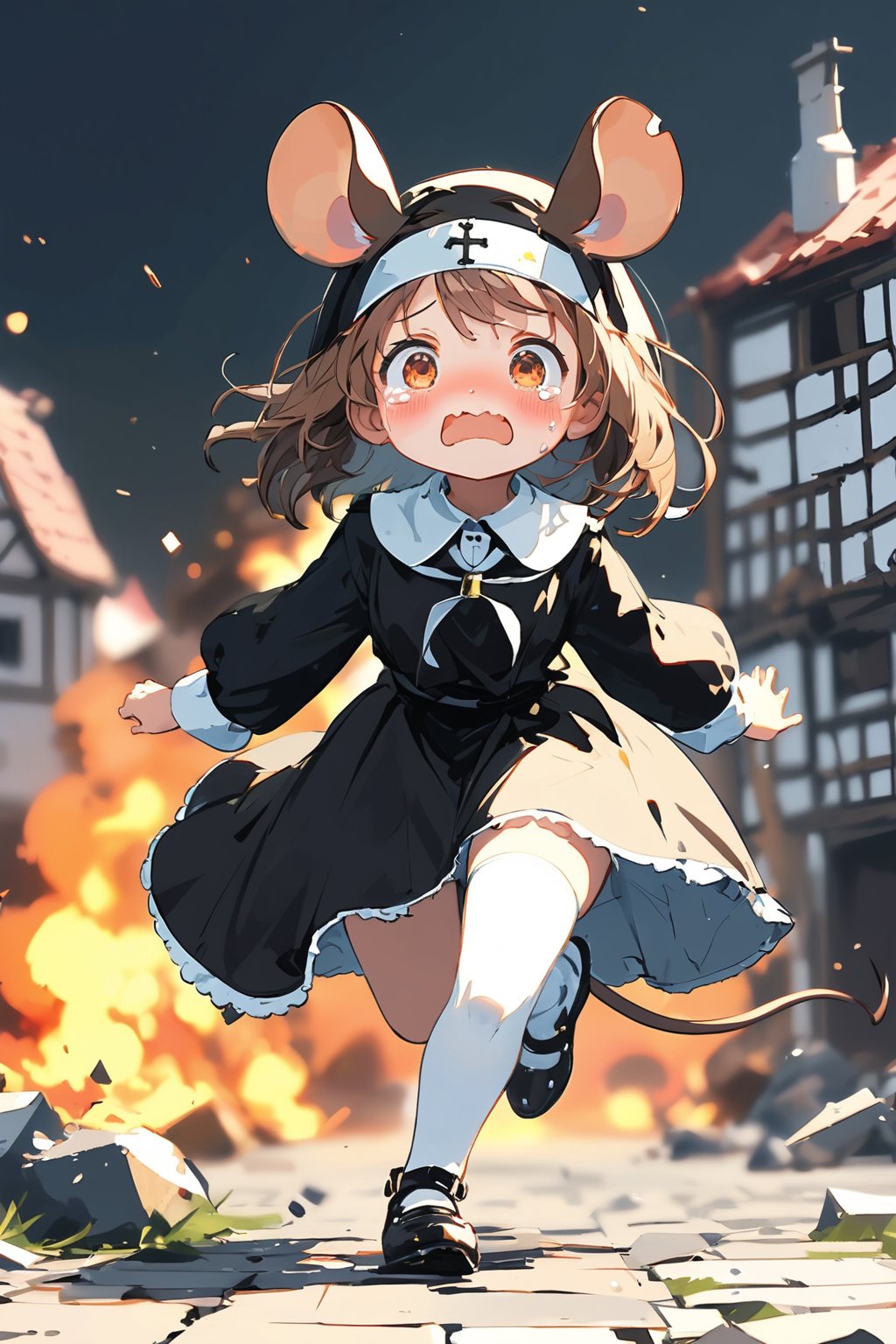 //quality, masterpiece:1.4, detailed:1.4,best quality:1.4,//,1girl,(solo),loli,//, brown mouse_ears,mouse_tail,animal ear fluff, medium hair, brown hair, orange eyes,detailed eyes,//,(black nun costume),white stockings, shoes,//, blush, scared,fear,sweating,tearing_up,wavy_mouth,//,running,//, Europe medieval, motion_blur, blurry_background, simple background,black background,stone floor,destruction, destroyed buildings, fire, building on fire,BREAK,dal-6 style,no humans background, (straight-on)