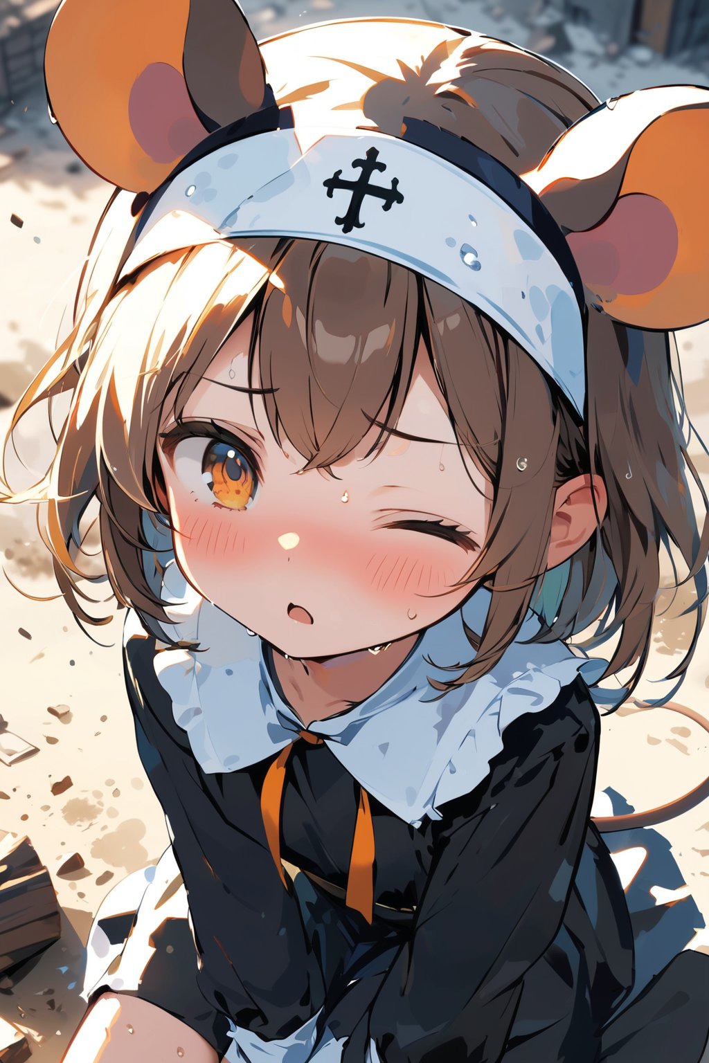 //quality, masterpiece:1.4, detailed:1.4,best quality:1.4,//,1girl,(solo),loli,//, brown mouse_ears,mouse_tail,animal ear fluff, medium hair, brown hair, (one eye closed) orange eye,//,(black nun costume),//, blush,sweat_drop,sweaty,><,>_<,scared, (close-up portrait), from_above, sitting on ground,//, Europe medieval,destruction, destroyed building, (blurry background),dal-6 style, (dust), wind effect, dust effect,