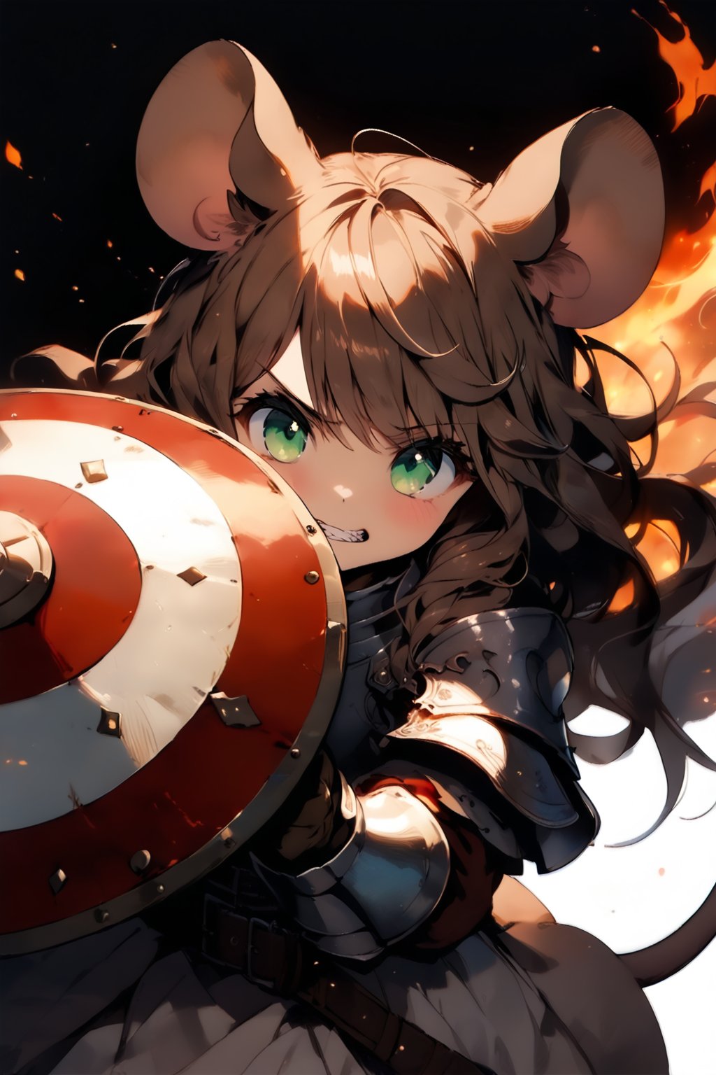 //quality, masterpiece:1.4, detailed:1.4,best quality:1.4,//,1girl,solo,mouse girl,knight,//,brown mouse ears, animal ear fluff, brown mouse tail,brown hair,(long hair),wavy hair,bangs,beautiful detailed eyes, light green eyes,glowing eyes,//,(white armor),leather belt,gauntlets,//, sweaty,angry,blush,serious,clenched teeth,looking_at_viewer,(looking_up),pov,//,(holding shield covering body),arm_raised,hiding behind shield,close_up portrait,(from_above),straight-on,//,windy,(black background),fire, stone road, flame , Medieval, //,ink paint,wind effect,fisheye,peeking out upper body