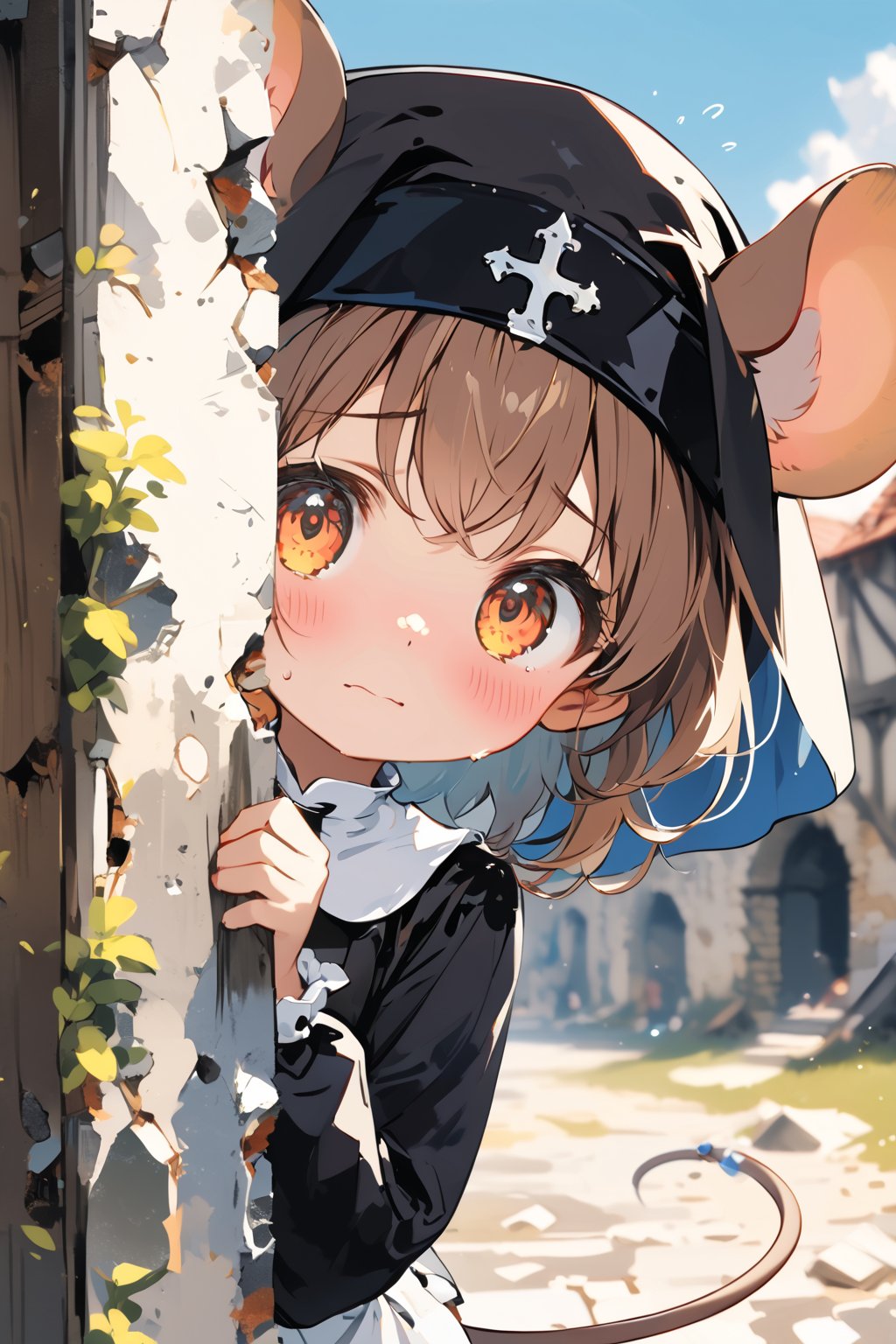 //quality, masterpiece:1.4, detailed:1.4,best quality:1.4,//,1girl,(solo),loli,//, brown mouse_ears,mouse_tail,animal ear fluff, medium hair, brown hair, orange eyes,detailed eyes,//, black nun headwear,(black nun costume),//, blush, worried,sweating,sweat_drops,looking_at_viewer,(hiding behind wall),peeking out,//, against wall, Europe medieval,destruction, destroyed building, upper body, cowboy_shot,close-up portrait, (blurry_background),(straight-on),pov,dal-6 style,peeking out upper body