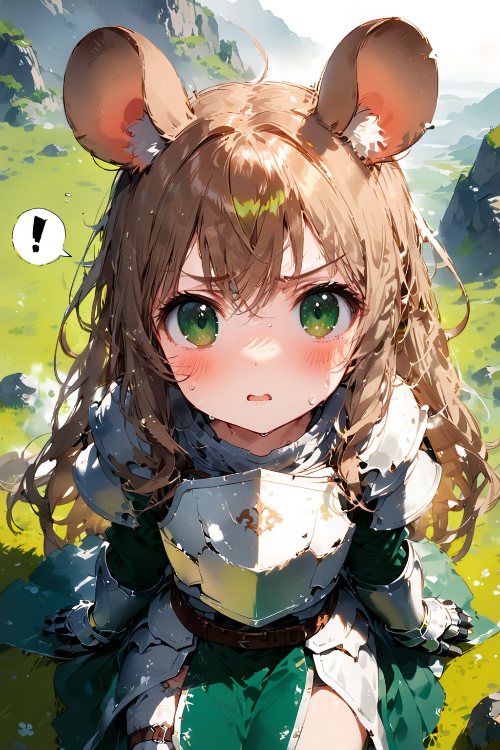 //quality, masterpiece:1.4, detailed:1.4,best quality:1.4,//,1girl,solo,loli,mouse girl,knight,//,brown mouse ears, animal ear fluff, brown mouse tail,brown hair,long hair, messy hair,beautiful detailed eyes, ((green eyes)),//,(white armor), cracked armor, broken armor,armor dress,leather belt,gauntlets,thigh,//,cold sweat,blush,surprised,serious,angry,mouth opened,shocked,close up portrait,under shadow,(spoken exclamation mark,!,!!),looking up,//,sitting on grass,on mountain,//,medieval,from above,aerial view,nature,dark background,ink,ink smoke,ink smoke background