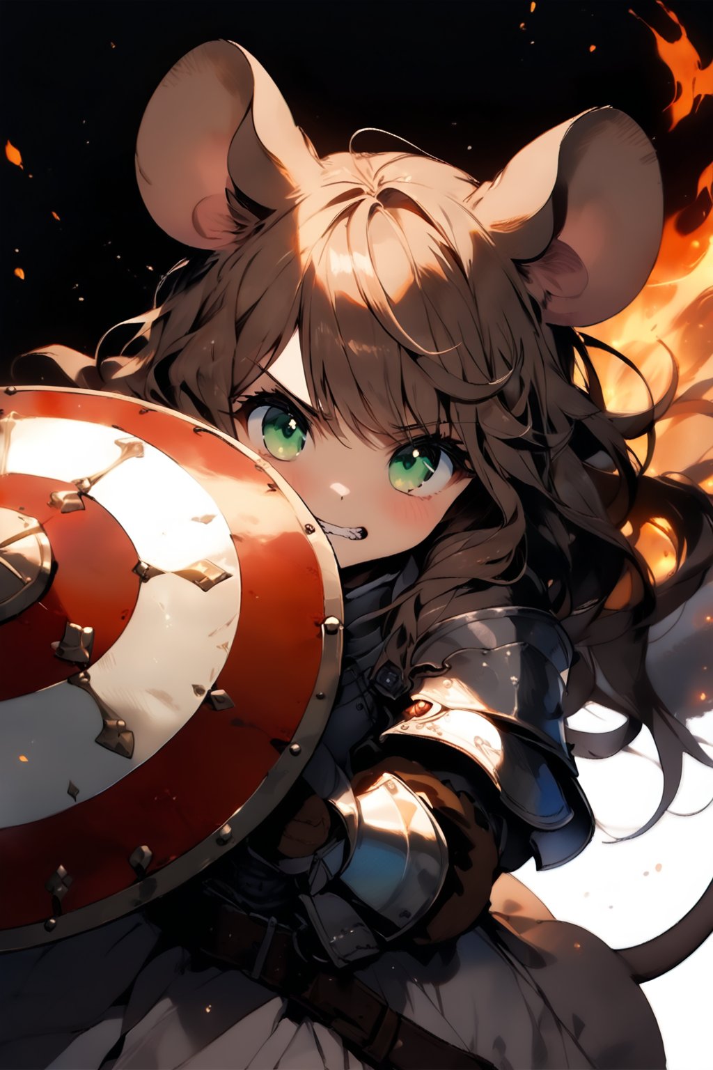 //quality, masterpiece:1.4, detailed:1.4,best quality:1.4,//,1girl,solo,mouse girl,knight,//,brown mouse ears, animal ear fluff, brown mouse tail,brown hair,(long hair),wavy hair,bangs,beautiful detailed eyes, light green eyes,glowing eyes,//,(white armor),leather belt,gauntlets,//, sweaty,angry,blush,serious,clenched teeth,looking_at_viewer,(looking_up),pov,//,(holding shield covering body),arm_raised,hiding behind shield,close_up portrait,(from_above),straight-on,//,windy,(black background),fire, stone road, flame , Medieval, //,ink paint,wind effect,fisheye,peeking out upper body