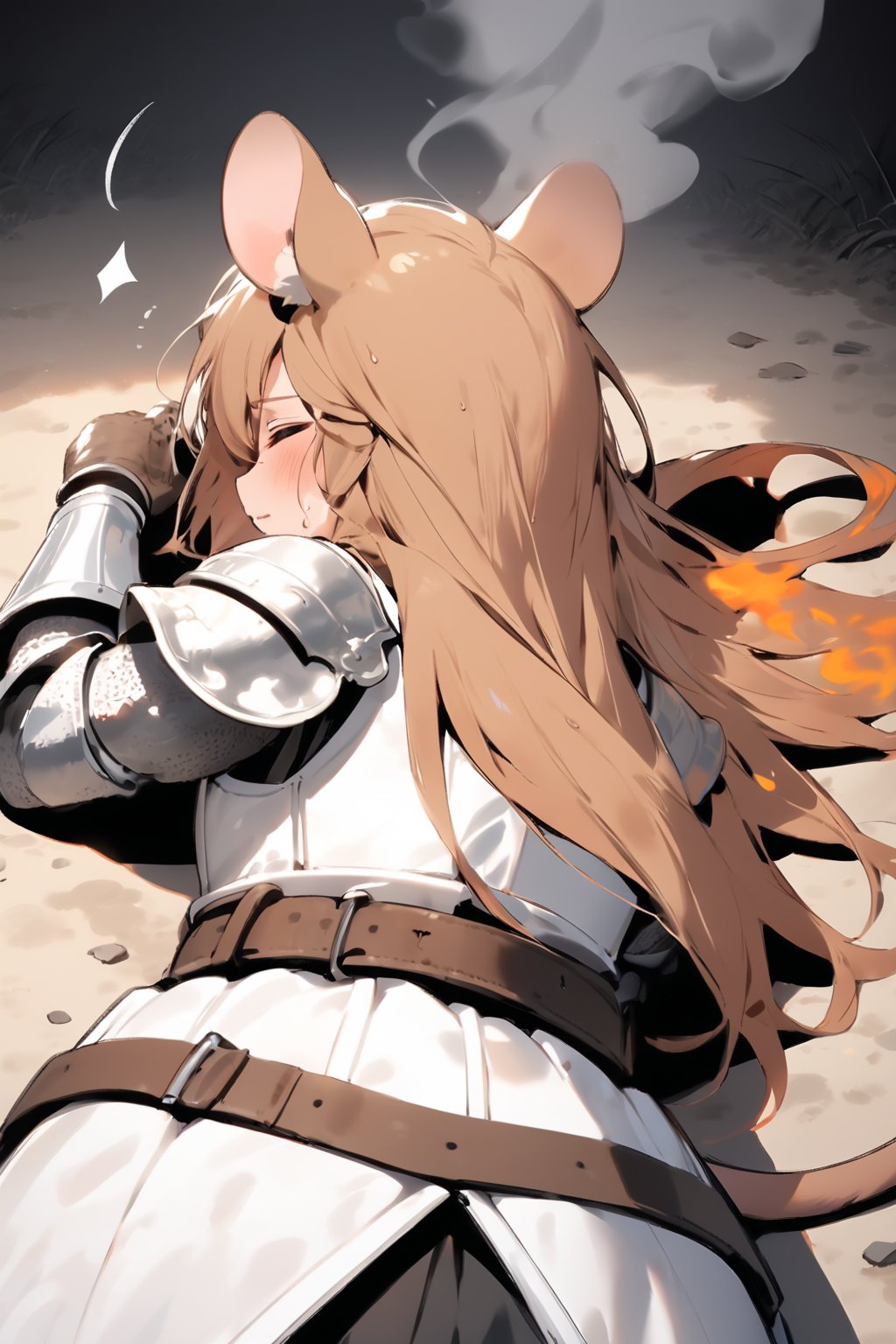 //quality, masterpiece:1.4, detailed:1.4,best quality:1.4,//,1girl,solo,mouse girl,knight,//,brown mouse ears, animal ear fluff, brown mouse tail,brown hair,long hair, messy hair,//,white armor, cracked armor, broken armor,leather belt,gauntlets,//, (dirt),,dirt face injured,wounded face,hair covering eyes,(closed_eyes),hurt, painful expression, sweaty,//,lying down on stomach,on ground,(view from behind),close-up,//,stone road, Europe medieval,from_above, black background ,fire,flame ,dust,dust effect,smoke, steaming body,ink paint,facing_viewer