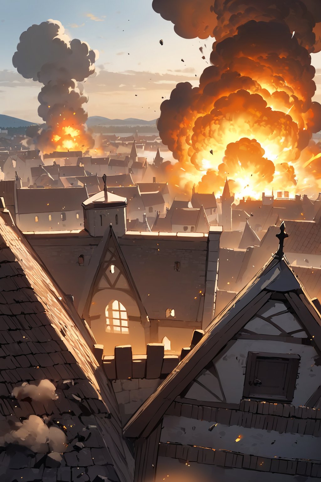 //quality, masterpiece:1.4, detailed:1.4,best quality:1.4,//,rooftop,medieval town,flying debris,explosion,dust,dust effect,smoke,Explosion Artstyle