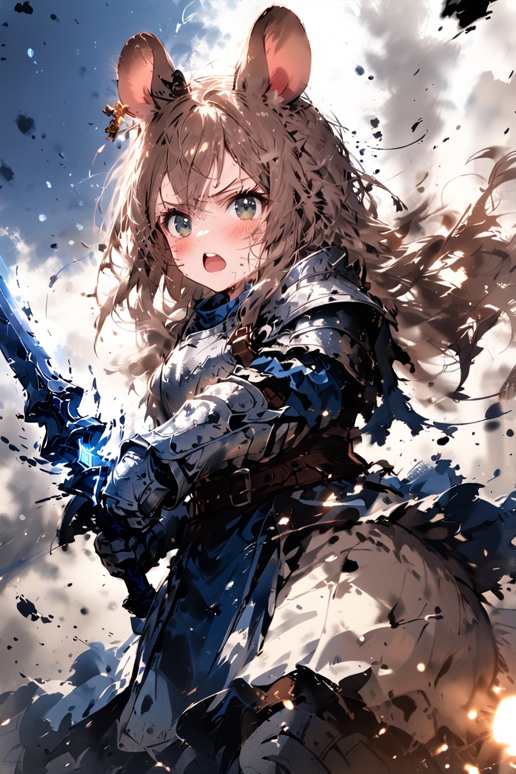 //quality, masterpiece:1.4, detailed:1.4,best quality:1.4,//,1girl,solo,mouse girl,knight,//,brown mouse ears, animal ear fluff, brown mouse tail,brown hair,long hair, messy hair, green eyes,//,white armor, cracked armor, broken armor,leather belt,gauntlets,thigh,//,dirty face, injured,wounded face,sweaty,angry,blush,serious,mouth open,upper teeth, screaming,//,((hands holding sword)),magic sword,light particles,(glowing sword),blue glowing sword,arm up,battle,flying on sky,jumping,leg up,knee up,//,motion blur,blurry background,motion line,motion effect,close-up,upper body,blue sky,smoke surrounding the girl,smoke background, medieval town, simple background,flying debris,ink,smoke,blue ink smoke,ink smoke background,ink paint,multiple views of close up shot and upper body shot,no humans background