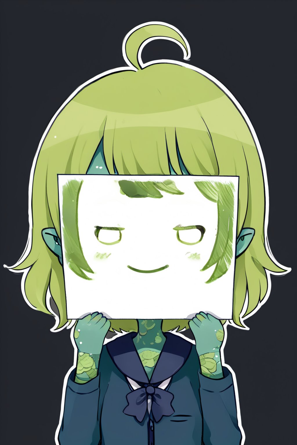 //quality, masterpiece:1.4, detailed:1.4,best quality:1.4,//,(doodle style),//,goblin,pointed_ears,(((green skin))),1girl,solo,ahoge,green hair, medium_hair, straight_hair, blue_eyes,//,(darkblue school_uniform),bow,//, holding paper,smile,//, straight-on, blackboard,cute comic,PaperLikeFace