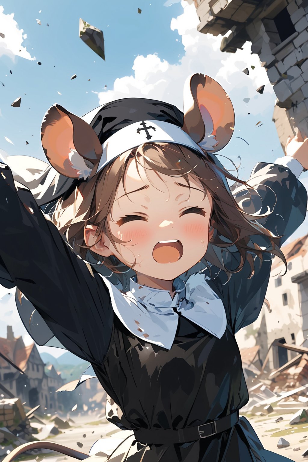 //quality, masterpiece:1.4, detailed:1.4,best quality:1.4,//,1girl,(solo),loli,//, brown mouse_ears,mouse_tail,animal ear fluff, medium hair, brown hair, (closed eye),//,(black nun costume),elbow,//, sweaty,XD face,><,>_<,scared,mouth_open, upper_teeth, (close-up portrait), falling,arms_up, presenting hands,hand covering eyes,//, Europe medieval,destruction, destroyed building, (blurry background),dal-6 style, (flying debris), wind effect, dust effect,shards,glass,brocken glass,