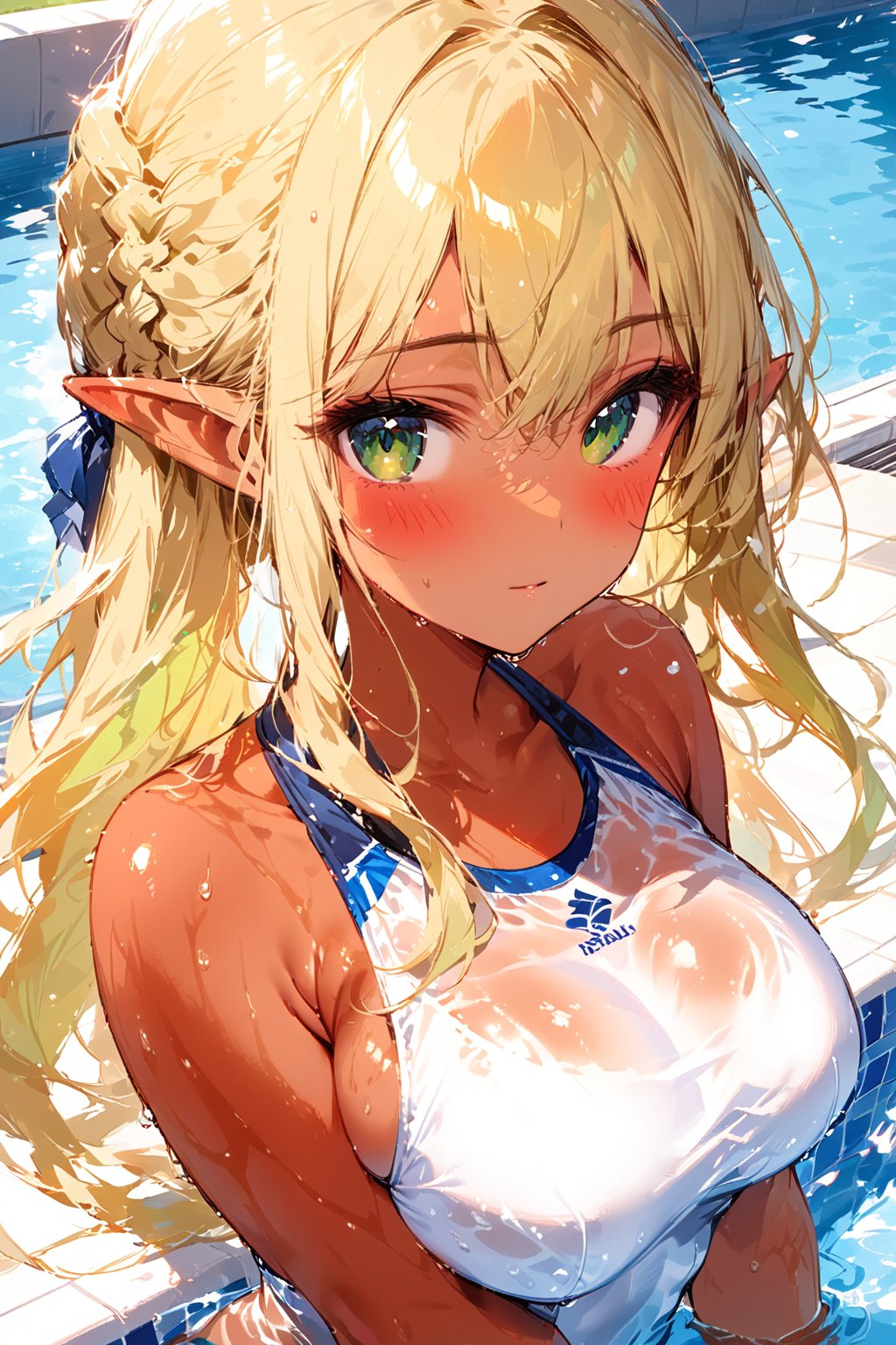 //quality, masterpiece:1.4, detailed:1.4,best quality:1.4,//,1girl, solo,//,elf,elf_ears,((tan skin)),(tan line),sun marks,blonde_hair,long_hair,french_braid,sidelocks,light green eyes,detailed eyes,(largebreasts),//,(swimming goggles),white school_swimsuit,see_through,//,(wet),wet hair,looking_at_viewer,blush,//,,//,blue sky,swimming_pool,ink paint,