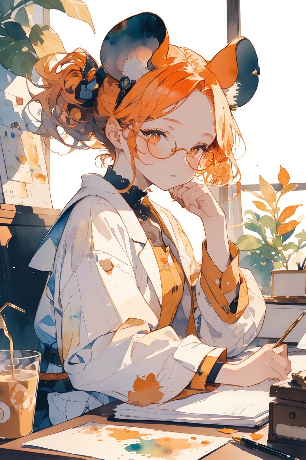 //quality, (masterpiece:1.331), (detailed), ((,best quality,)),//,(1girl),solo,(loli),watercolor_(art),//,(mouse_ears:1.3),mouse_tail,(orange_hair:1.3),hairstyle, ((short ponytail)),sidelocks, (light orange eyes), detailed eyes,flat_chest,//,hair_accessories,accessories,(round eyewear:1.2),scientist,white lab coat,//sleepy,//,sitting,drinking,(coffee),//indoor, leaf, desk, papers,aesthetic,watercolor \(medium\)